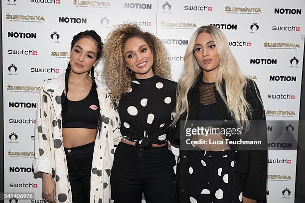 Annie Ashcroft, Frankee Connolly and Nadine Samuels arrives for the launch of Notion Magazine at The Cuckoo Club on July 7, 2016 in London, England.