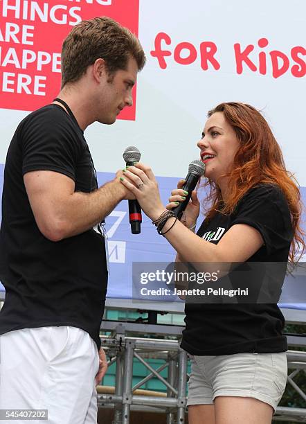 Jonah Platt and Rachel Tucker from the cast of Wicked perform at 106.7 Lite FM Broadway In Bryant Park 2016 on July 7, 2016 in New York City.