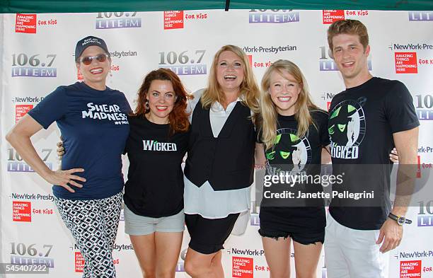 Rachel Tucker, Carrie St. Louis and Jonah Platt from the cast of Wicked with host Delilah and Cady Huffman from the cast of Shear Madness attend...