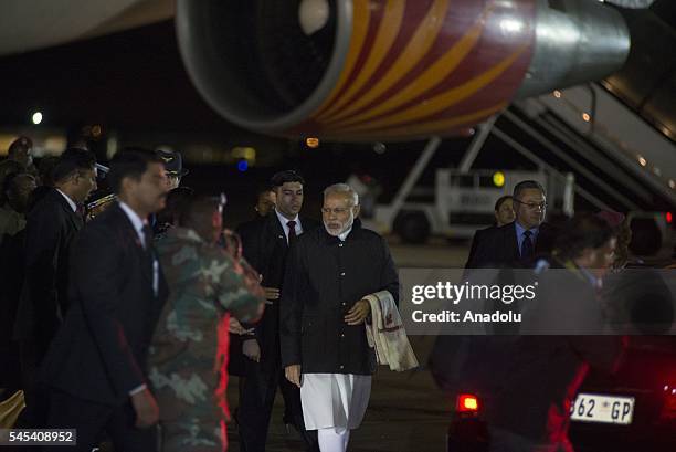 Indian Prime Minister Narendra Modi is welcomed upon his arrival at Air Force Base Waterkloof in Pretoria, South Africa on July 7, 2016.