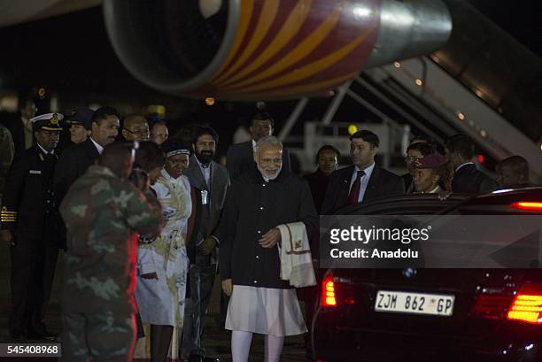 Indian Prime Minister Narendra Modi is welcomed upon his arrival at Air Force Base Waterkloof in Pretoria, South Africa on July 7, 2016.