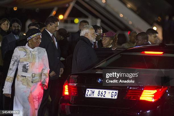 Indian Prime Minister Narendra Modi is welcomed upon his arrival at Air Force Base Waterkloof in Pretoria, South Africa on July 7, 2016.