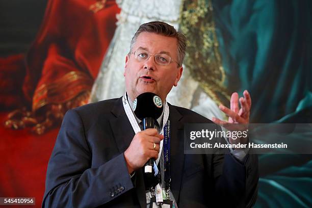 Reinhard Grindel, president of Deutscher Fussball Bund DFB speaks during the DFB EURO 2016 Club reception at Le Palais du Pharo on July 7, 2016 in...