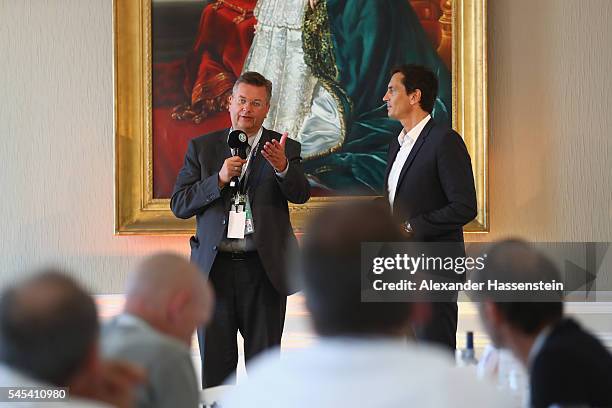 Reinhard Grindel, president of Deutscher Fussball Bund DFB speaks during the DFB EURO 2016 Club reception at Le Palais du Pharo on July 7, 2016 in...