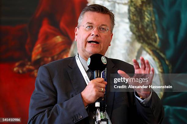 Reinhard Grindel, president of Deutscher Fussball Bund DFB speaks during the DFB EURO 2016 Club reception at Le Palais du Pharo on July 7, 2016 in...