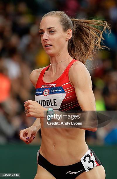 Molly Huddle runs in the first round of the Women's 5000 Meter during the 2016 U.S. Olympic Track & Field Team Trials at Hayward Field on July 7,...