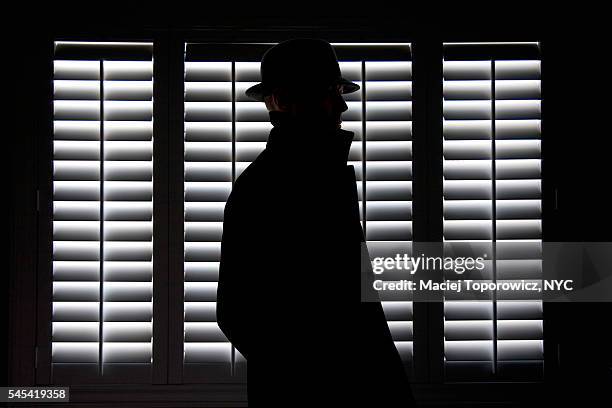 silhouette of a man in hat against screen window. - espía fotografías e imágenes de stock