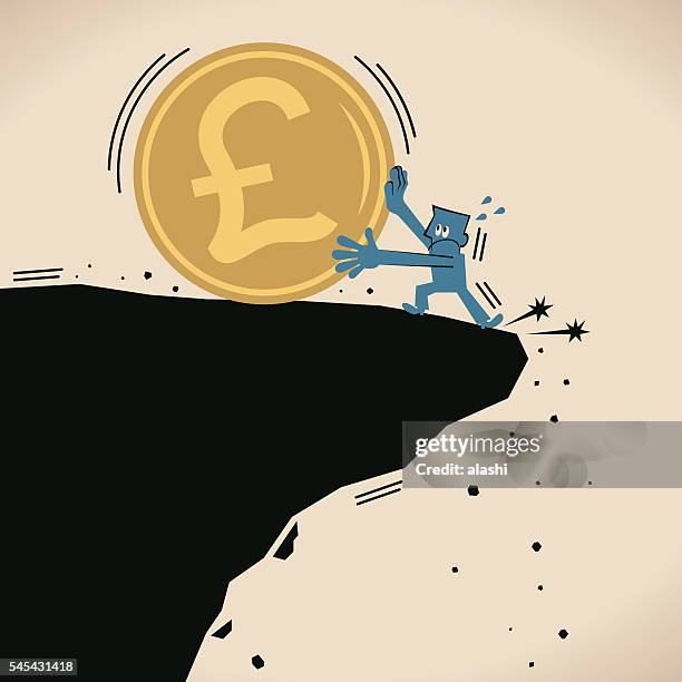 stockillustraties, clipart, cartoons en iconen met businessman stopping big pound currency coin falling off a cliff - crag