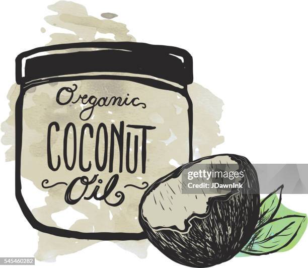 coconut oil label and jar on textured background - coconut oil stock illustrations