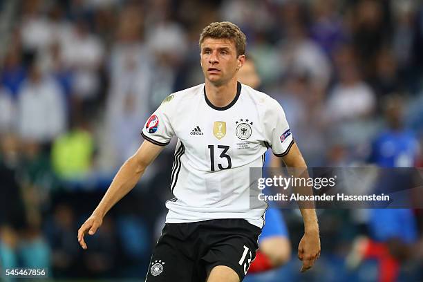 Thomas Mueller of Germany reacts during the UEFA EURO semi final match between Germany and France at Stade Velodrome on July 7, 2016 in Marseille,...