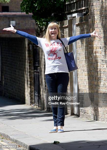 Former TV weather girl Siân Lloyd is seen showing her support for the Wales National Football team on July 06, 2016 in London, United Kingdom.