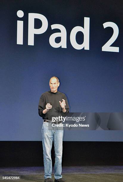 United States - Steve Jobs, chief executive officer of Apple Inc., speaks during a media event on March 2 in San Francisco to unveil the iPad2, a new...