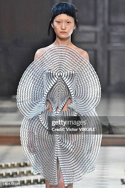 Model walks the runway during the Iris Van Herpen Haute Couture Fall/Winter 2016-2017 show as part of Paris Fashion Week on July 4, 2016 in Paris,...