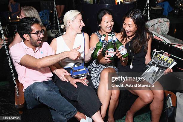 Guests drink Peroni beer during the after party at Provocateur for a screening of director Joe Berlinger's "Tony Robbins: I Am Not Your Guru" hosted...