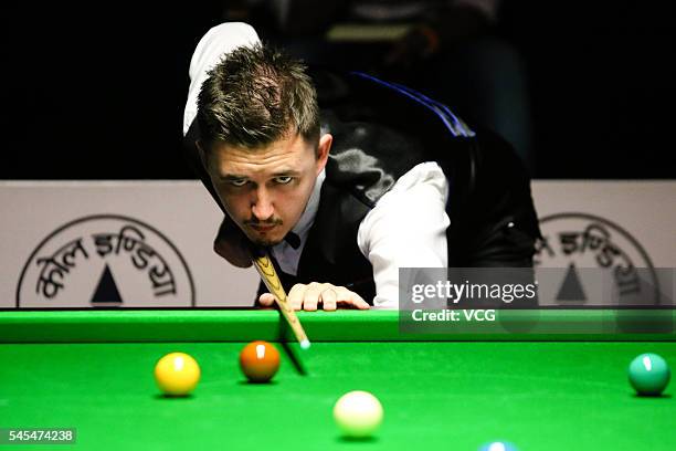 Kyren Wilson of England plays a shot against Xiao Guodong of China in second round match on day three of Indian Open 2016 at Hyderabad International...