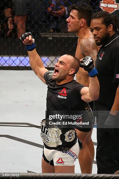 Eddie Alvarez celebrates after knocking out Rafael Dos Anjos of Brazil to win the UFC lightweight championship during the UFC Fight Night event...