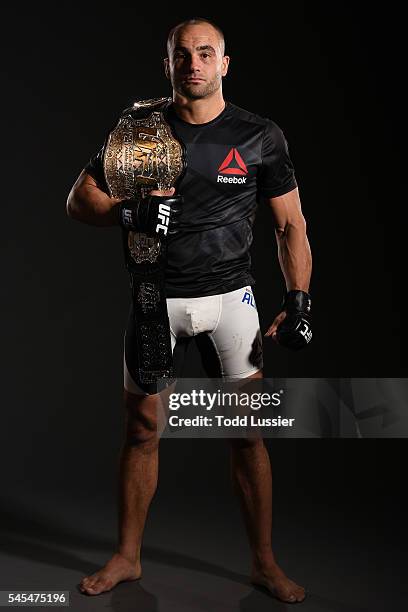 Newly crowned UFC lightweight champion Eddie Alvarez poses for a portrait backstage after his victory over Rafael Dos Anjos of Brazil during the UFC...