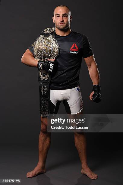 Newly crowned UFC lightweight champion Eddie Alvarez poses for a portrait backstage after his victory over Rafael Dos Anjos of Brazil during the UFC...