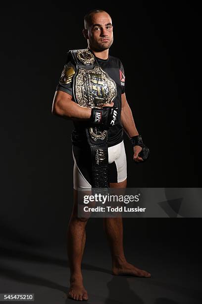 Newly crowned UFC lightweight champion Eddie Alvarez poses for a portrait backstage after his victory over Rafael Dos Anjos of Brazil during the UFC...