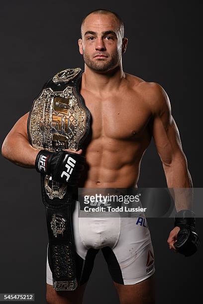 Newly crowned UFC lightweight champion Eddie Alvarez poses for a portrait backstage after his victory over Rafael Dos Anjos of Brazil during the UFC...