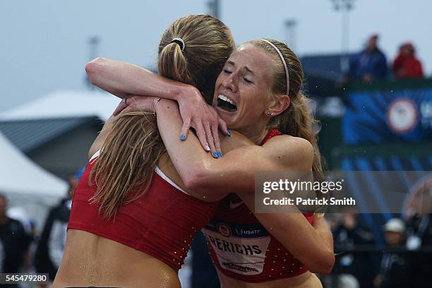 Courtney Frerichs, second place, and Colleen Quigley, third place, celebrate after finishing in the Women's 3000 Meter Steeplechase Final during the...