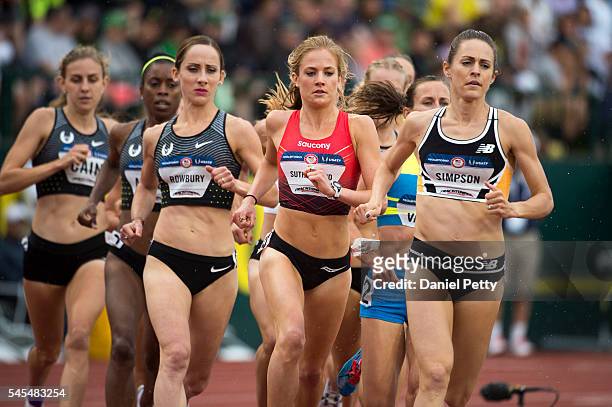 From left, Shannon Rowbury , Sara Sutherland and Jenny Simpson race during the first round of the women's 1,500 meters during Day 7 of the Olympic...