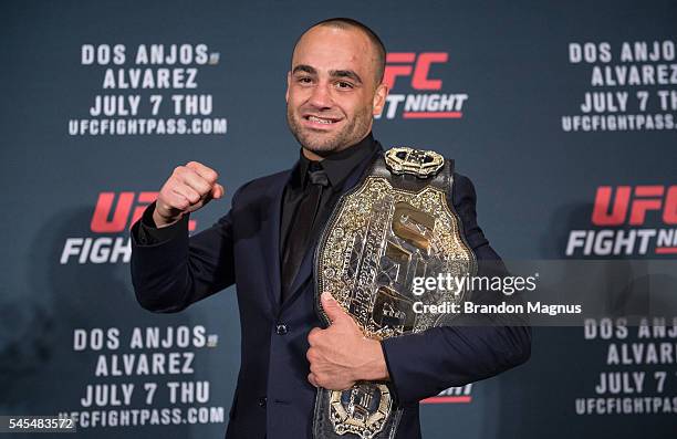 Eddie Alvarez poses for a picture after defeating Rafael Dos Anjos of Brazil in their lightweight championship bout during the UFC Fight Night event...