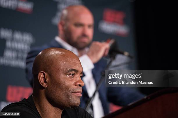 Anderson Silva speaks to the media at the post fight press conference inside the MGM Grand Garden Arena on July 8, 2016 in Las Vegas, Nevada.