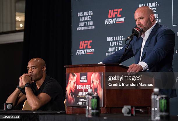 President Dana White and Anderson Silva speaks to the media at the post fight press conference inside the MGM Grand Garden Arena on July 8, 2016 in...