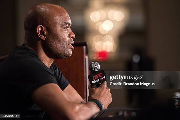 Anderson Silva speaks to the media at the post fight press conference inside the MGM Grand Garden Arena on July 8, 2016 in Las Vegas, Nevada.