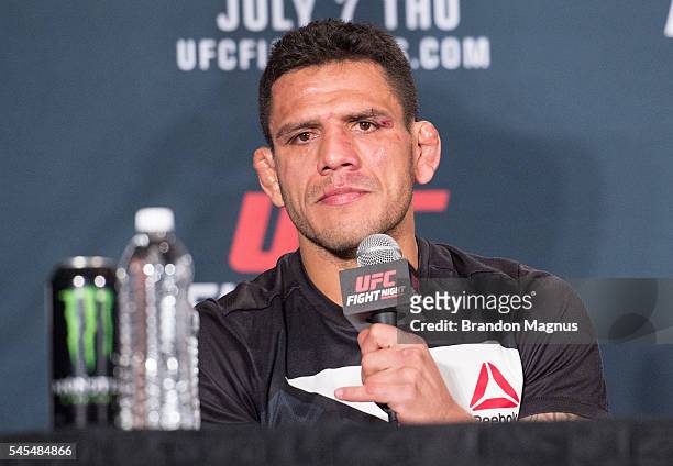 Rafael Dos Anjos of Brazil speaks to the media at the post fight press conference inside the MGM Grand Garden Arena on July 8, 2016 in Las Vegas,...