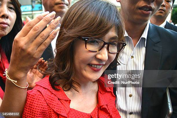 Tomomi Inada of the ruling Liberal Democratic Party greets supporters during a campaign event for the candidate Mihara Junko in Kanagawa on July 6...