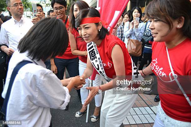 Junko Mihara Liberal Democratic Party candidate greets supporters during a campaign event in Kanagawa on July 6 Japan.