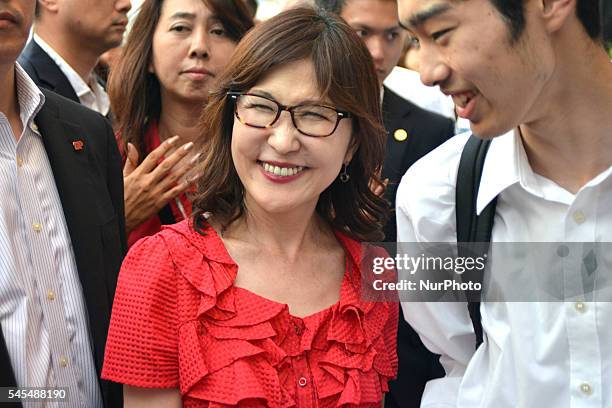 Tomomi Inada of the ruling Liberal Democratic Party greets supporters during a campaign event for the candidate Mihara Junko in Kanagawa on July 6...