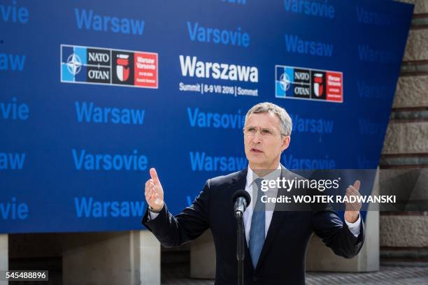 Secretary General Jens Stoltenberg speaks during the Warsaw Summit Experts Forum " Nato on defence of peace " at the National Stadium on July 8, 2016...