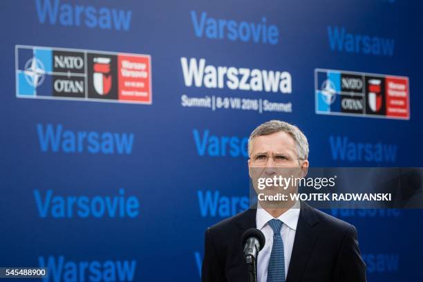 Secretary General Jens Stoltenberg speaks during the Warsaw Summit Experts Forum " Nato on defence of peace " at the National Stadium on July 8, 2016...