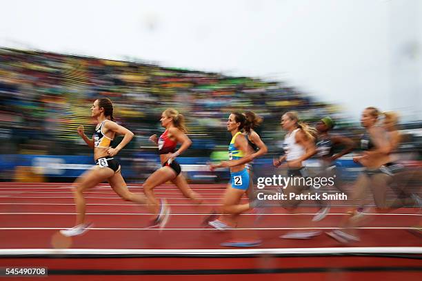 Jenny Simpson and Sara Sutherland compete in the first round of the Women's 1500 Meter during the 2016 U.S. Olympic Track & Field Team Trials at...