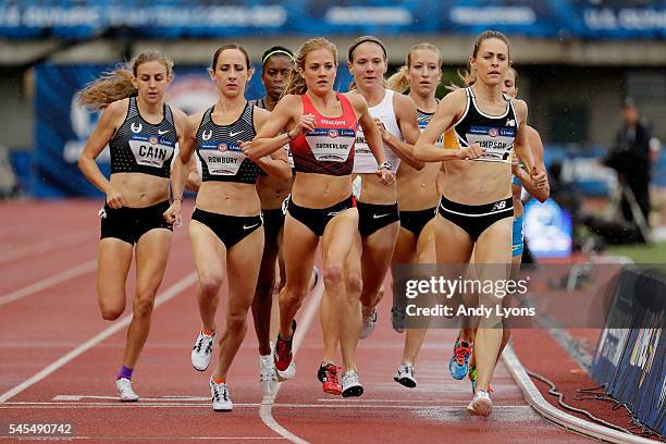 Jenny Simpson and Sara Sutherland compete in the first round of the Women's 1500 Meter during the 2016 U.S. Olympic Track & Field Team Trials at...