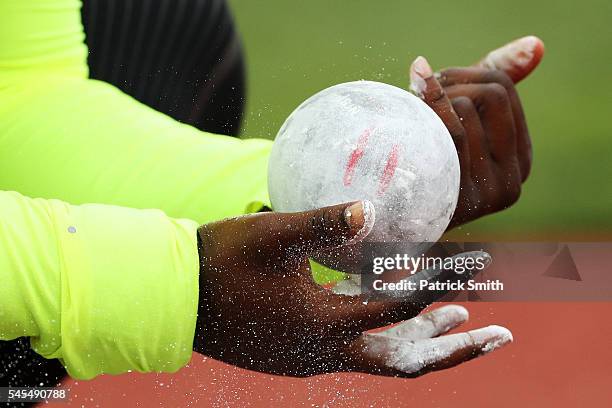 Chalk is applied in the Women's Shot Put Final during the 2016 U.S. Olympic Track & Field Team Trials at Hayward Field on July 7, 2016 in Eugene,...