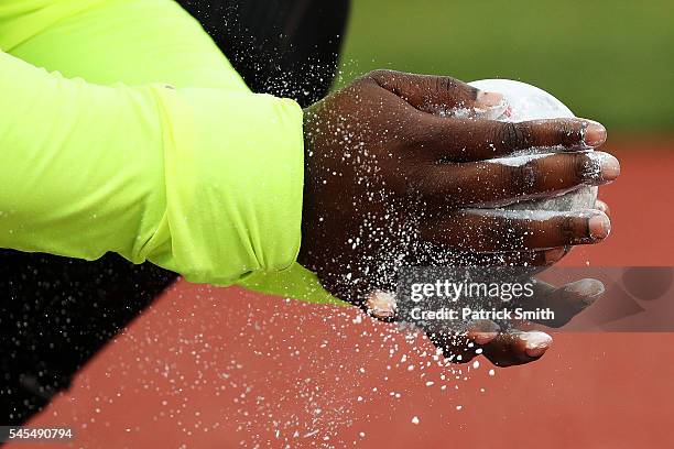 Chalk is applied in the Women's Shot Put Final during the 2016 U.S. Olympic Track & Field Team Trials at Hayward Field on July 7, 2016 in Eugene,...
