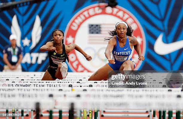 Jasmine Camacho-Quinn and Alaysha Johnson compete in the first round of the Women's 100 Meter Hurdles during the 2016 U.S. Olympic Track & Field Team...