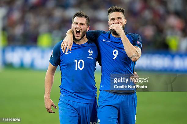 Andre-Pierre Gignac, Olivier Giroud during the UEFA EURO semi final match between Germany and France at Stade Velodrome on July 7, 2016 in Marseille,...