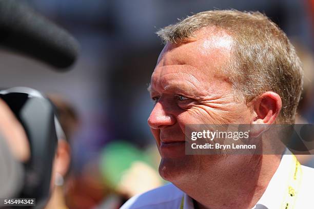 Danish Prime Minister Lars Lokke Rasmussen attends the start of stage six of the 2016 Tour de France, a 190km road stage from Arpajon-sur-cere to...