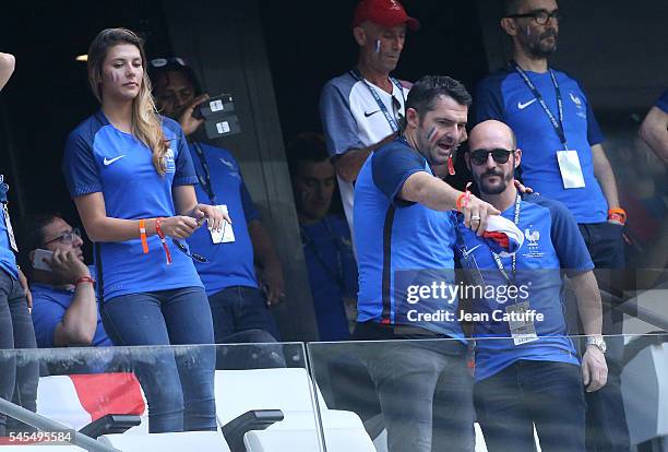 Miss France 2015 Camille Cerf, David Ducret, Cartman attend the UEFA Euro 2016 semi-final match between Germany and France at Stade Velodrome on July...