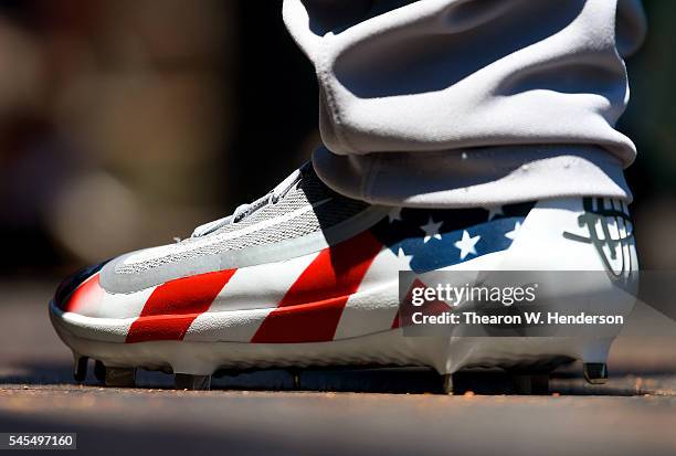 Detailed view of the Nike baseball cleats worn by Brandon Barnes of the Colorado Rockies against the San Francisco Giants at AT&T Park on July 4,...