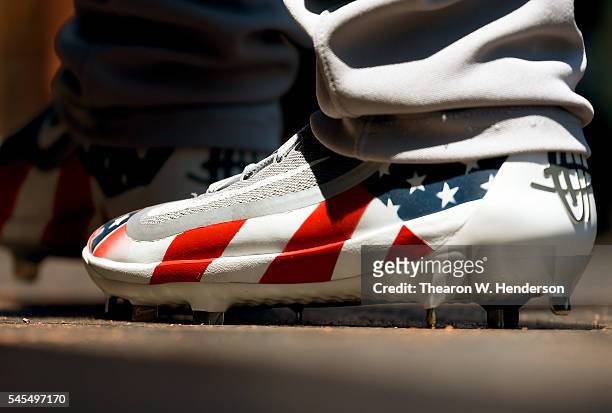 Detailed view of the Nike baseball cleats worn by Brandon Barnes of the Colorado Rockies against the San Francisco Giants at AT&T Park on July 4,...