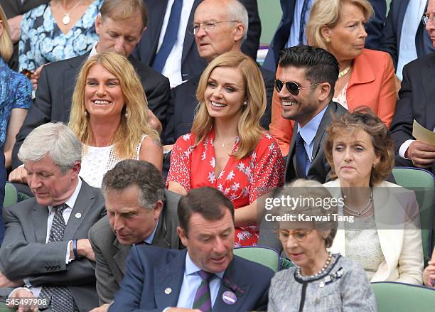 Sally Bercow, Katherine Jenkins and Andrew Levitas attend day eleven of the Wimbledon Tennis Championships at Wimbledon on July 08, 2016 in London,...