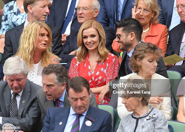 Sally Bercow, Katherine Jenkins and Andrew Levitas attend day eleven of the Wimbledon Tennis Championships at Wimbledon on July 08, 2016 in London,...