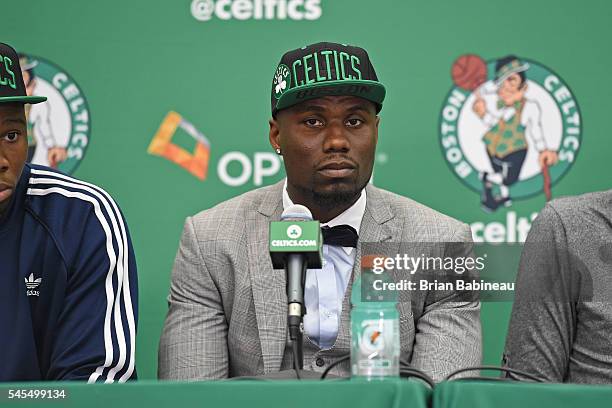 Ben Bentil speaks at a press conference after being drafted by the Boston Celtics during the 2016 NBA Draft on June 24, 2016 at TD Garden in Boston,...