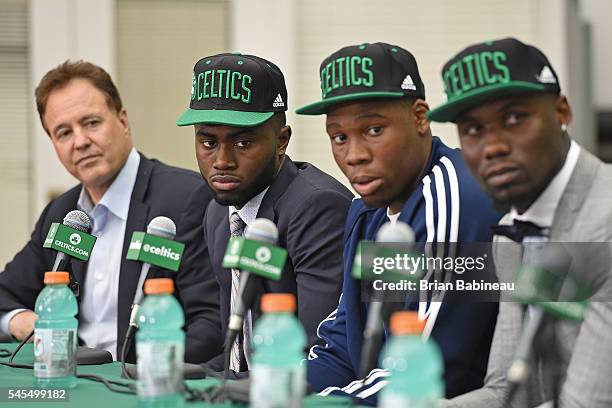 Jaylen Brown and Guerschon Yabusele speak at a press conference after being drafted by the Boston Celtics during the 2016 NBA Draft on June 24, 2016...